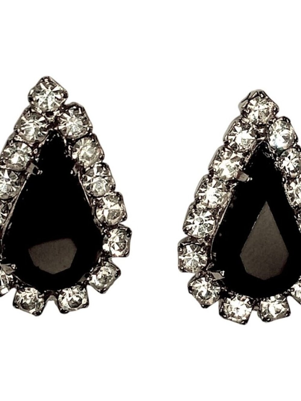 Vintage Black Rhinestone Teardrop Earrings Gold Tone